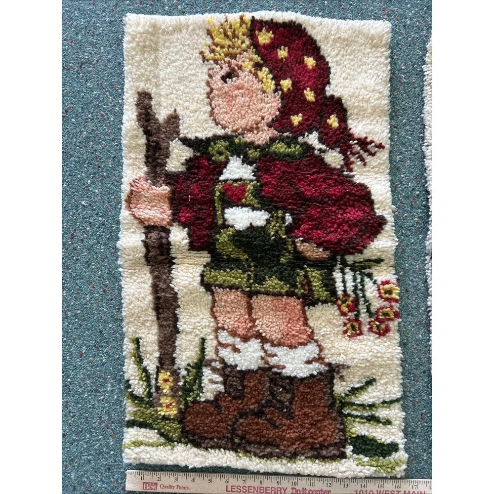 Vintage Hummel Boy Wall Hanging, Hiking‎ In Woods, 1970s Completed Hook Rug